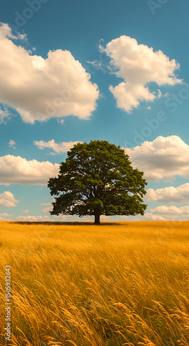 Solitary oak tree in golden field under blue sky