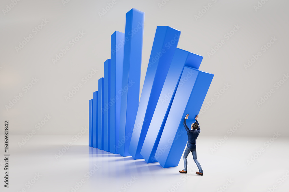 Businessman with a suit trying to stabilize the falling bars of a bar chart. Concept for recession, falling stock markets, deficit, loss. Businessman with a suit trying to stabilize the falling bars of a bar chart. Concept for recession, falling stock markets, deficit, loss.