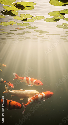 Koi fish swimming beneath lily pads in sunlit pond