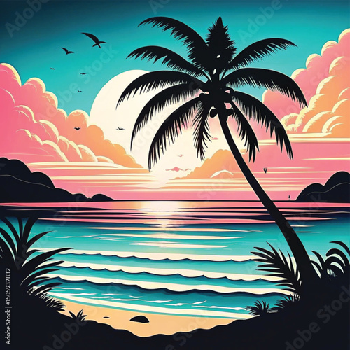 Tropical sunset with palm trees and vibrant clouds over ocean  