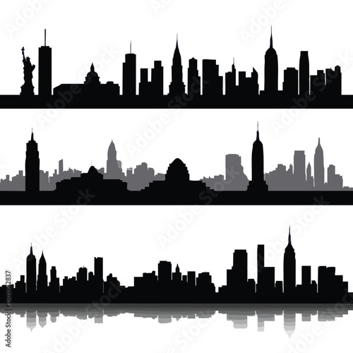 Vector silhouette set of new york city skyline on white background