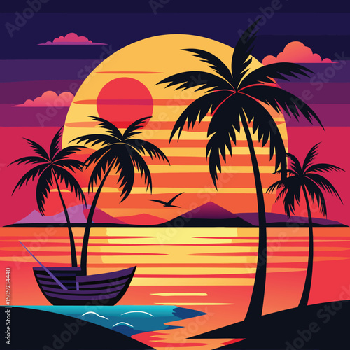 Tropical Beach Scene Silhouette Palm Trees Sunset