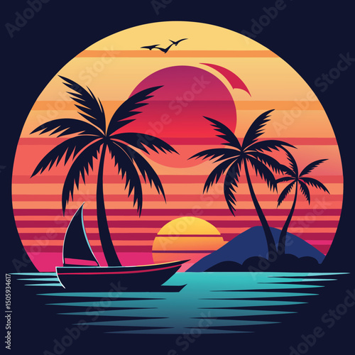Tropical Beach Scene Silhouette Palm Trees Sunset