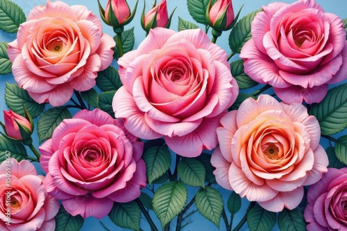 Intricate watercolor roses, lush blooms, vibrant hues, decoration, botanical