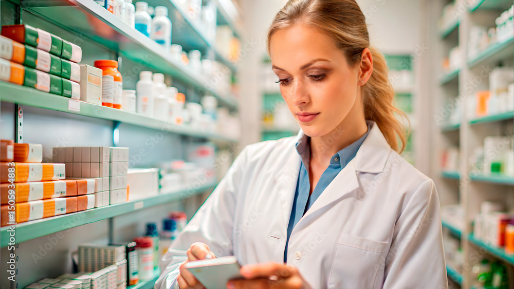 Female pharmacist using mobile phone while checking medication inventory in pharmacy Female pharmacist using mobile phone while checking medication inventory in pharmacy