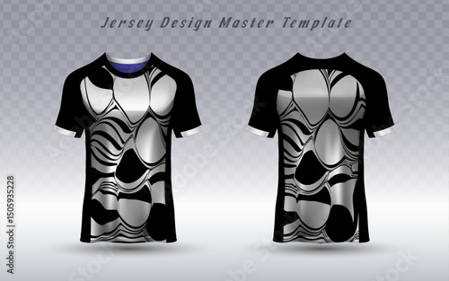 Black sports jersey mockups, front and back, featuring a bold metallic silver abstract design. Perfect for esports, soccer, football, or custom team uniform sublimation.