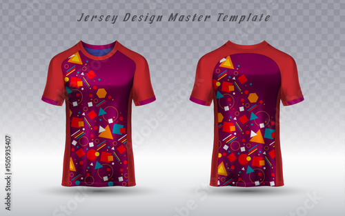 Vibrant red and purple sports jersey mockups, front and back, with abstract geometric shapes. Ideal for sublimation, esports, football, or custom team apparel design.