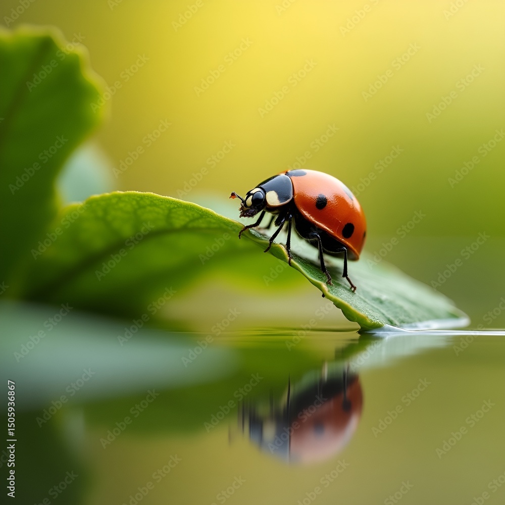 Fototapeta premium Ladybug on a leaf reflected on water. 