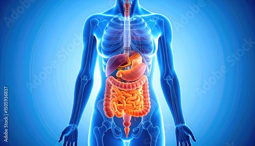 Comprehensive illustration of female abdominal organs, a detailed anatomical view