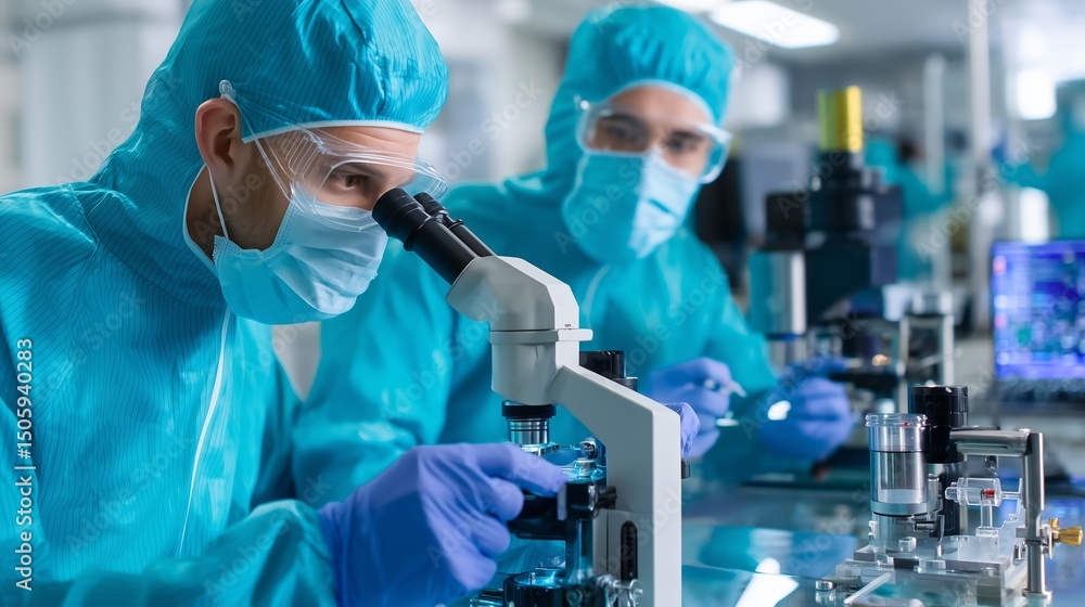 Fototapeta premium Scientists conduct research in a laboratory setting using advanced microscopes during a study on biological samples