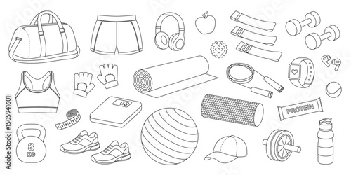 Fitness equipment coloring page. Outline set with dumbbells, kettlebell, exercise mat, balls, sportswear, headphones, protein bar and other elements. Contour sport collection. Coloring book for print