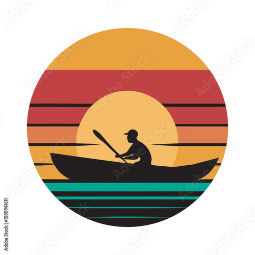 Cartoon vector illustration of a fishing boat silhouette on the sea with a boy having fun surfing