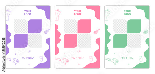 Coffee-themed product template set with photo placeholders, hand-drawn elements, and pastel backgrounds for café branding, drink promotions, and social media posts