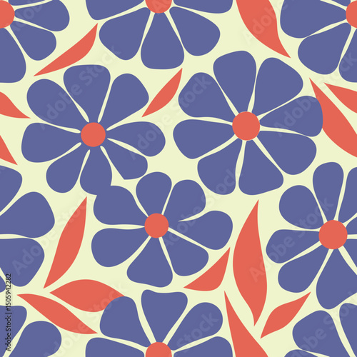 Seamless floral pattern featuring vibrant blue flowers with red centers and orange leaves on yellow background.