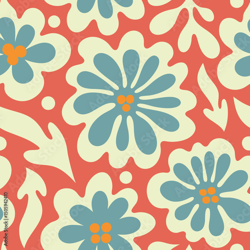 Seamless floral pattern illustration featuring blue flowers and ivory leaves against a coral background