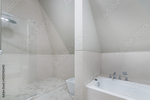 Bilde på lerret A snow-white bathroom decorated with various tiles