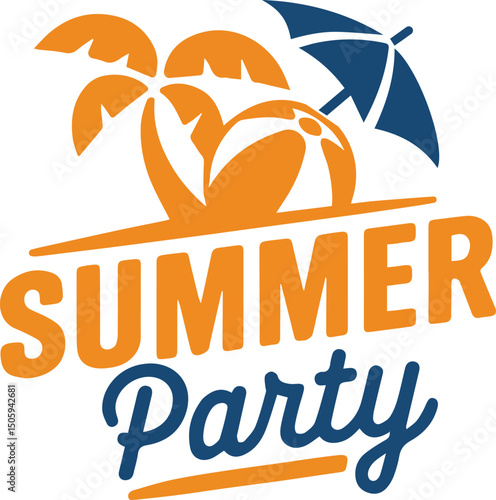 Happy Summer Party Logo. Template for the seasonal party. Handwritten font and crown vector yellow pattern.