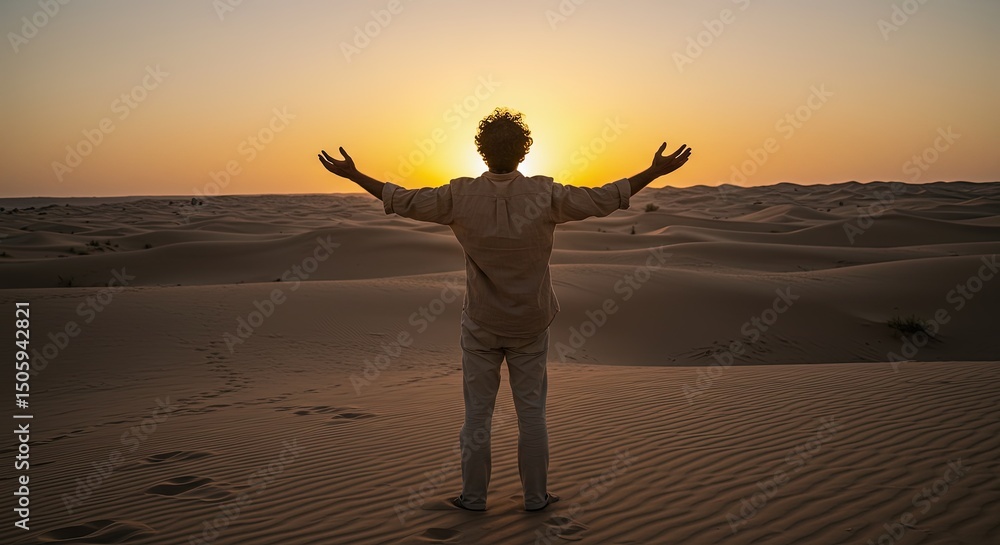 Fototapeta premium Embracing Solitude: Silhouette Against Golden Desert Sunset