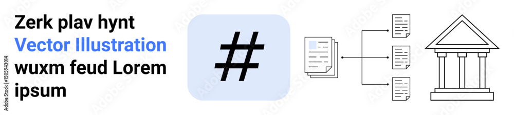 Fototapeta premium metadata tag icon linked to document flowchart and institutional building. Ideal for technology, communication, data sharing, social media, digital processes, information systems, simple landing page