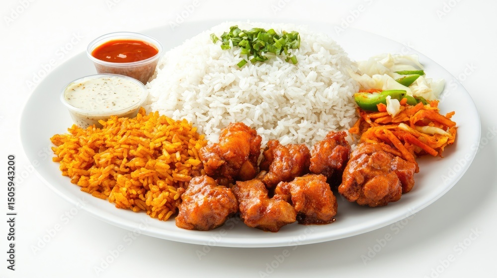 Nasi Kandar rice with multiple curries and fried chicken, Malaysian Indian food, white background Nasi Kandar rice with multiple curries and fried chicken, Malaysian Indian food, white background