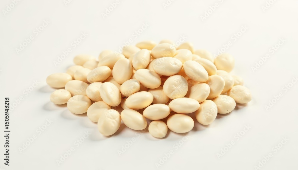Pile of white beans against a stark white backdrop, diet, background, close-up Pile of white beans against a stark white backdrop, diet, background, close-up