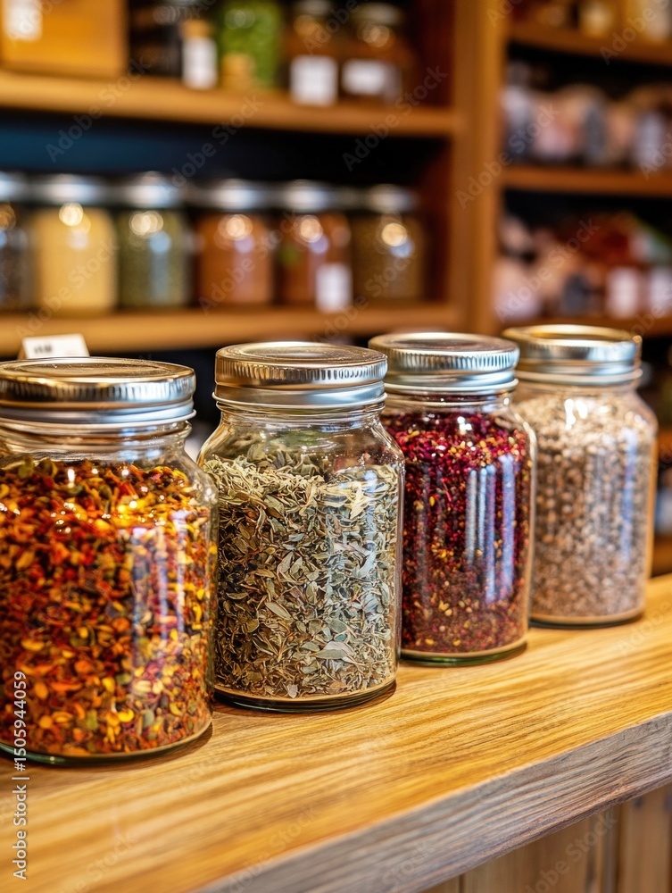 Spices and Herbs in Glass Jars Spices and Herbs in Glass Jars