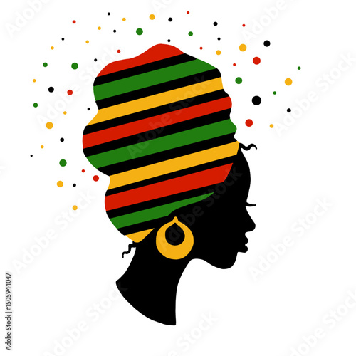 Juneteenth Woman Silhouette with Pan-African Headwrap. Vector illustration in transparent background.