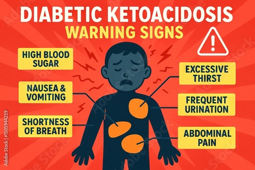 Illustration shows a figure with labeled symptoms of diabetic ketoacidosis, highlighting excessive thirst, frequent urination, and abdominal pain for health education