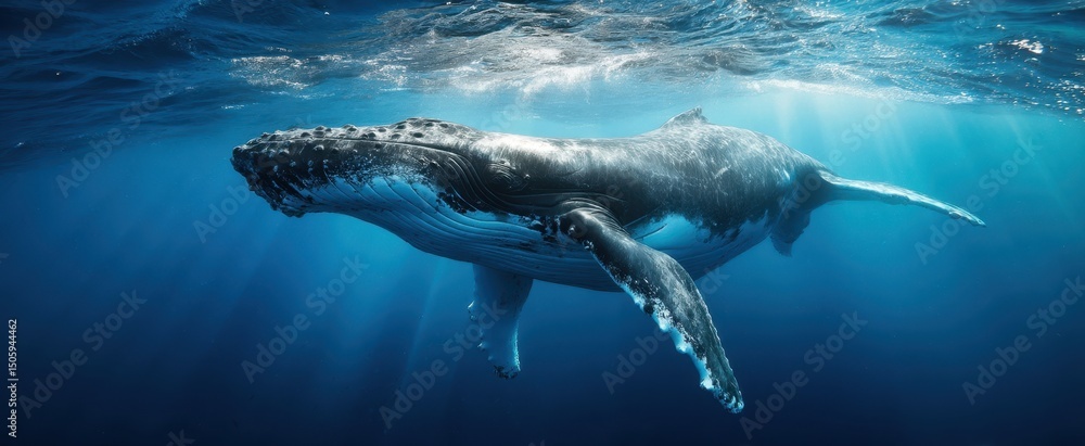 Fototapeta premium The graceful humpback whale gliding through sunlit ocean waters.