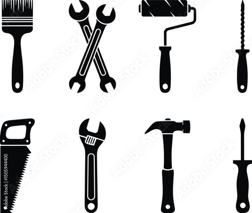 Collection of black and white tool icons for diy and repair