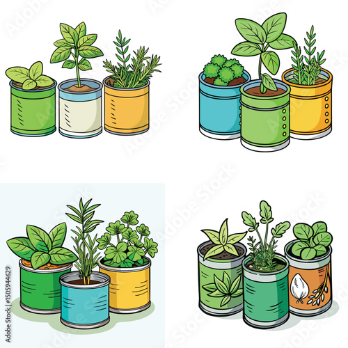 Hand Drawn Illustration Of Herbs Growing In Upcycled Cans For Gardeners