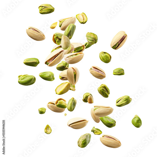 A scattering of pistachios with open shells and green kernels against a black background in studio shot