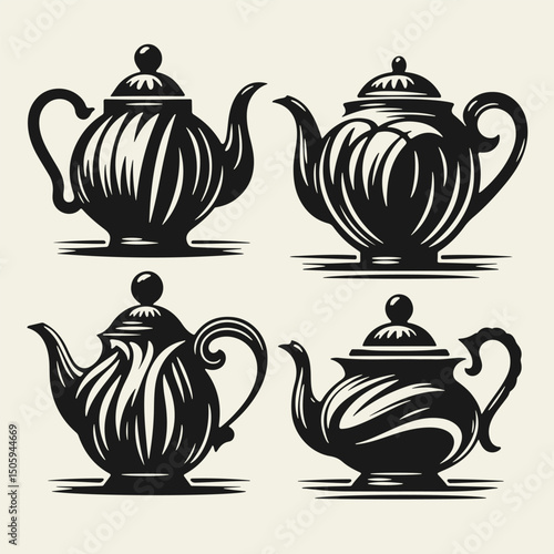 Set of four elegant vintage-style black and white vector illustrations of different teapots. Bold outlines, linocut technique, high contrast, perfect for retro kitchen or tea-themed designs.