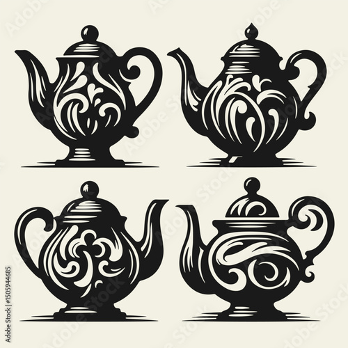 Set of four elegant vintage-style black and white vector illustrations of different teapots. Bold outlines, linocut technique, high contrast, perfect for retro kitchen or tea-themed designs.