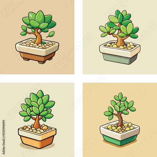 Set Of Four Cartoon Style Potted Jade Bonsai Trees Illustration