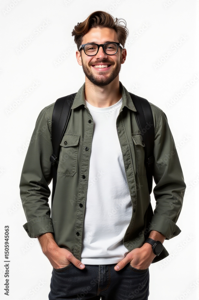 Fototapeta premium A man dressed in a green jacket and glasses, suitable for use as a character prop or illustration
