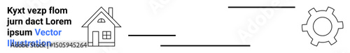 Minimal house icon with lines linking to a gear, symbolizing interconnected processes, systems, and teamwork. Ideal for technology, construction, real estate, sustainability, development management