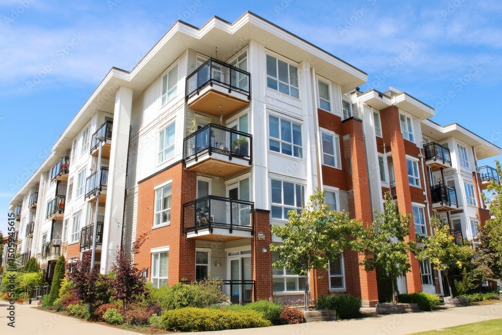 Obraz premium Exterior View of a Multi-Story Residential Building on a Sunny Day