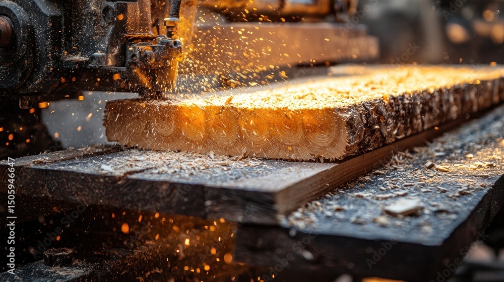 Close-up of woodworking machine cutting wood, sparks flying Close-up of woodworking machine cutting wood, sparks flying