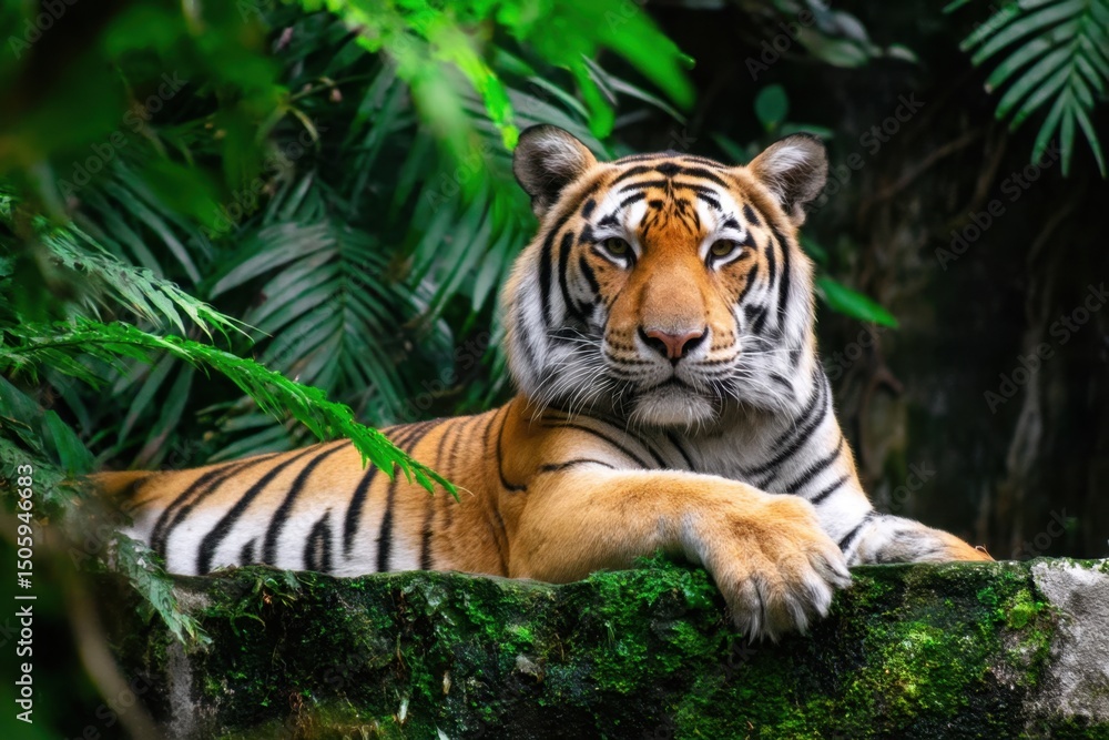 Obraz premium Majestic Tiger Resting in the Lush Green Jungle Habitat