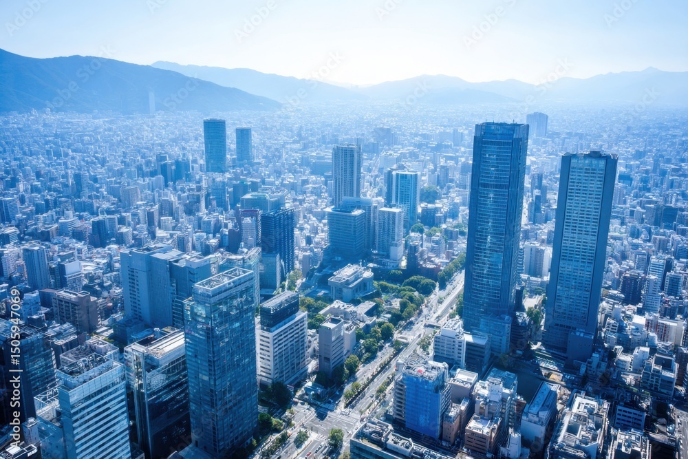 Obraz premium Cityscape Panorama Of Fukuoka Japan Under Blue Sky