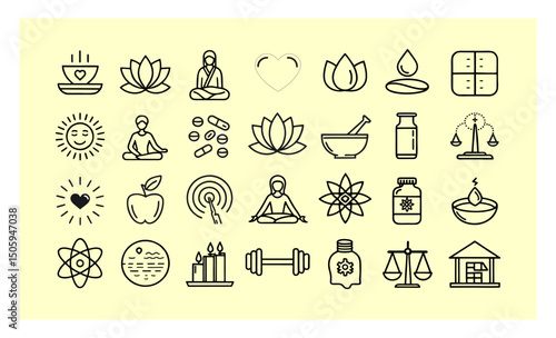 Set of wellness icons representing healthy lifestyle choices, promoting physical and mental wellbeing through meditation, yoga, healthy food, and more