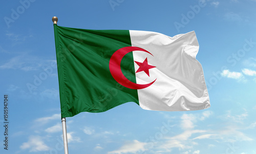 Konstfotografi Algerian national flag with crescent and star waving in the sky