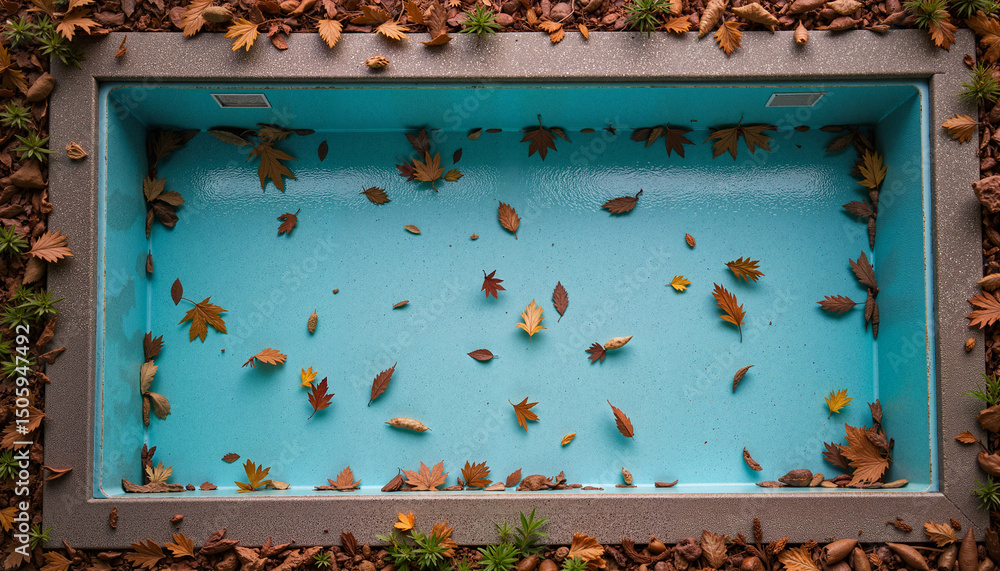 Abandoned pool adorned with autumn leaves, serene melancholy Abandoned pool adorned with autumn leaves, serene melancholy