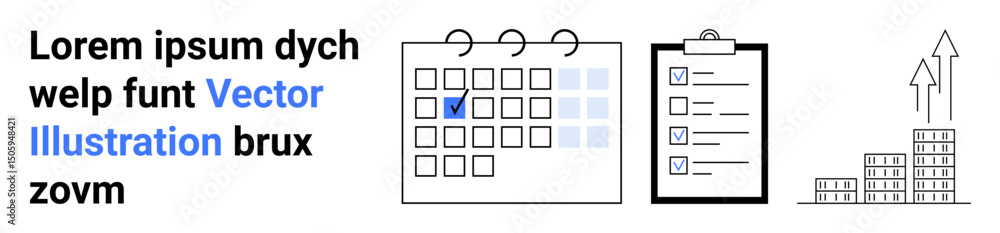 Calendar with highlighted date, checklist with tasks, and bar chart with arrows showing growth. Ideal for planning, organization, productivity, business, growth tracking, analytics simple landing Calendar with highlighted date, checklist with tasks, and bar chart with arrows showing growth. Ideal for planning, organization, productivity, business, growth tracking, analytics simple landing