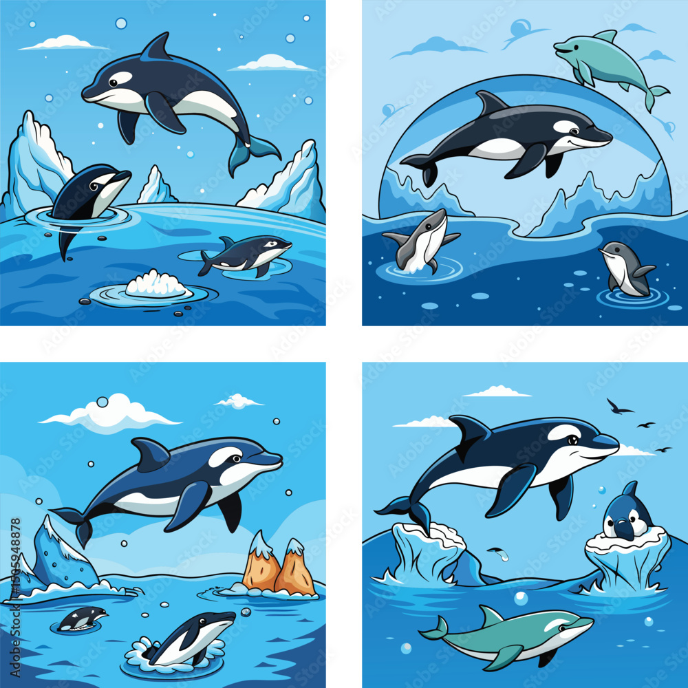 Obraz premium Cartoon Orcas And Dolphins Aquatic Adventure In Arctic Ocean Illustrations Set
