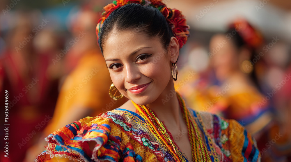 A young Hispanic woman dances in a traditional Guadalajara dress at a Mexican festival or parade. A young Hispanic woman dances in a traditional Guadalajara dress at a Mexican festival or parade.