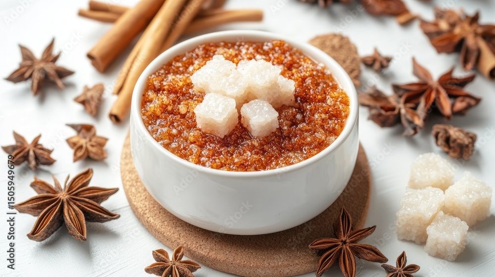 Serunding spicy meat floss served with glutinous rice cakes, festive snack, white background Serunding spicy meat floss served with glutinous rice cakes, festive snack, white background