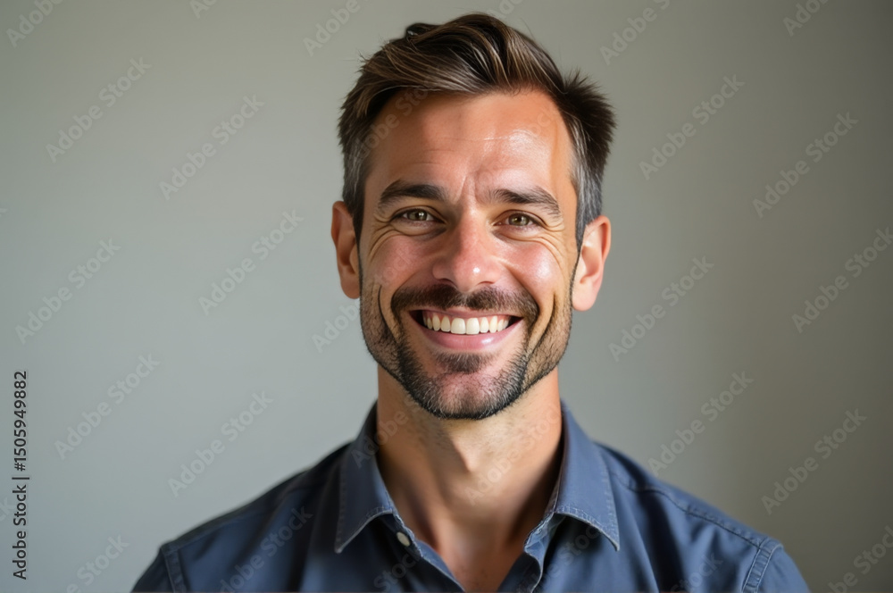 A smiling man in a blue shirt looks directly at the camera with a friendly expression A smiling man in a blue shirt looks directly at the camera with a friendly expression