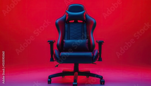 Dark blue gaming chair, vibrant red-pink studio light